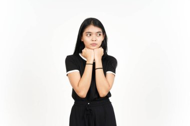 Serious Face and Angry hand on chin of Beautiful Asian Woman Isolated On White Background