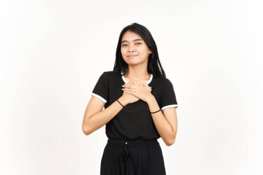 Smiling with Hands on Chest Grateful Gesture of Beautiful Asian Woman Isolated On White Background