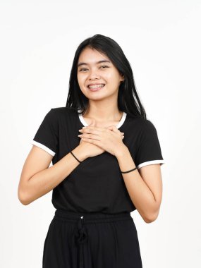 Smiling with Hands on Chest Grateful Gesture of Beautiful Asian Woman Isolated On White Background