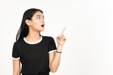 Showing Product and Pointing Side using forefinger with Shocked Face of Beautiful Asian Woman