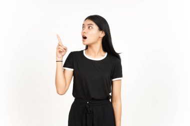 Showing Product and Pointing Side using forefinger with Shocked Face of Beautiful Asian Woman