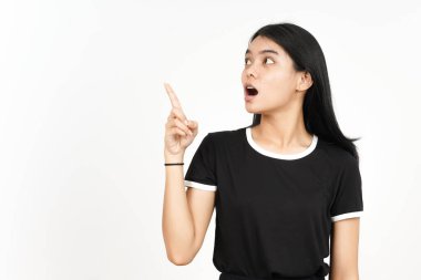 Showing Product and Pointing Side using forefinger with Shocked Face of Beautiful Asian Woman