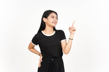 Ürün ve İşaret Tarafı Beyazda Tecrit Edilen Güzel Asyalı Kadın İşaretçisini Kullanıyor