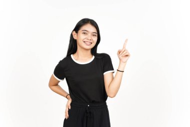 Ürün ve İşaret Tarafı Beyazda Tecrit Edilen Güzel Asyalı Kadın İşaretçisini Kullanıyor