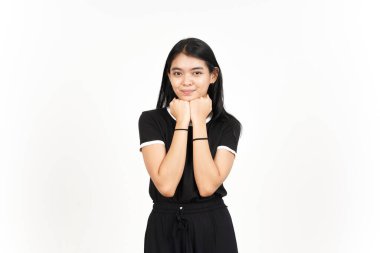 Hand on Chin Smiling and Looking at camera of Beautiful Asian Woman Isolated On White Background