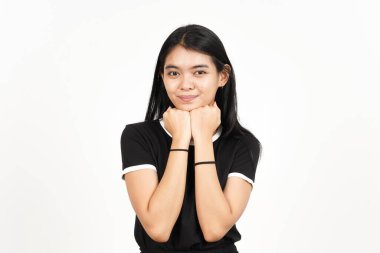 Hand on Chin Smiling and Looking at camera of Beautiful Asian Woman Isolated On White Background