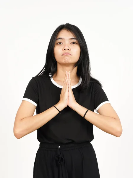 Folding arms and Begging Gesture of Beautiful Asian Woman Isolated On White Background