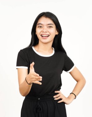 Beyaz arka planda tecrit edilmiş Güzel Asyalı Kadın 'ın el sıkışması