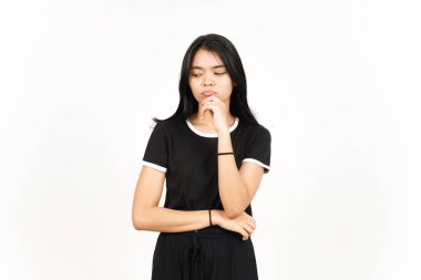 Looking down and thinking gesture f Beautiful Asian Woman Isolated On White Background