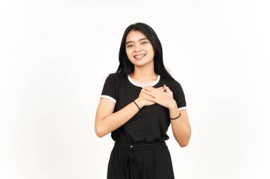 Beyaz arka planda izole edilmiş Güzel Asyalı Kadın 'ın Minnettar Jesti