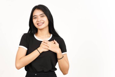 Beyaz arka planda izole edilmiş Güzel Asyalı Kadın 'ın Minnettar Jesti