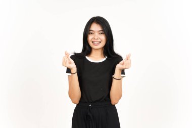 Beyaz arka planda tecrit edilmiş Koreli Güzel Asyalı Kadın 'ın Aşk Parmağı