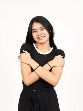 Beyaz arka planda tecrit edilmiş Asyalı Güzel Kadın 'ın Minnettar ve Kendine Sevgi Hareketi