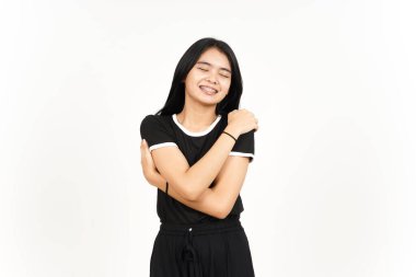 Beyaz arka planda tecrit edilmiş Asyalı Güzel Kadın 'ın Minnettar ve Kendine Sevgi Hareketi