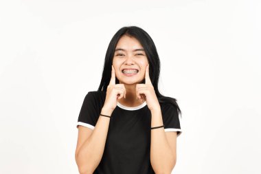 Finger on Cheek and Smiling Of Beautiful Asian Woman Isolated On White Background