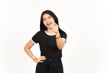 Smiling and Pointing at you for Choosing Of Beautiful Asian Woman Isolated On White Background