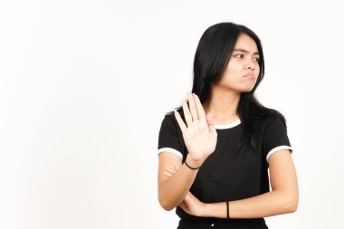 Beyaz arka planda tecrit edilmiş Güzel Asyalı Kadın 'ın Reddedilmesi ya da Durdurulması