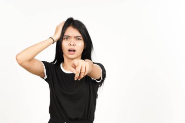 Shocked Face And Pointing at camera Of Beautiful Asian Woman Isolated On White Background