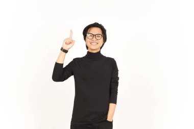 Showing Product and Pointing Up Of Handsome Asian Man Isolated On White Background