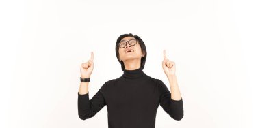 Showing Product and Pointing Up Of Handsome Asian Man Isolated On White Background