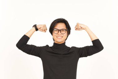 Showing strength arm Of Handsome Asian Man Isolated On White Background