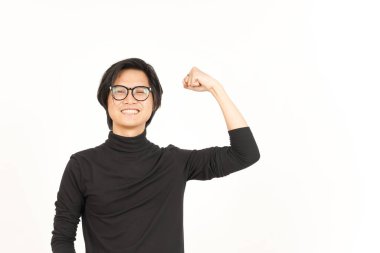 Showing strength arm Of Handsome Asian Man Isolated On White Background