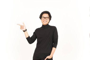 Showing Product and Pointing Side using forefinger Of Handsome Asian Man Isolated On White