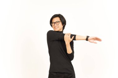 Stretching arms Of Handsome Asian Man Isolated On White Background