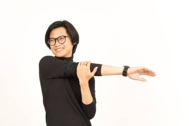 Stretching arms Of Handsome Asian Man Isolated On White Background