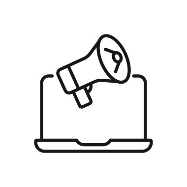 Düzenlenebilir Megafon Açıklama Dizüstü Bilgisayarı Simgesi, Vektör illüstrasyonu beyaz arkaplanda izole edildi. Sunum, web sitesi veya mobil uygulama için kullanılacak