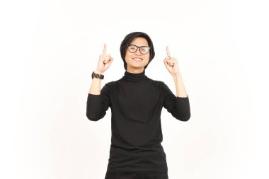 Beyaz arka planda izole edilmiş Güzel Asyalı Adam 'ın Ürünlerini Gösterme ve Gösterme