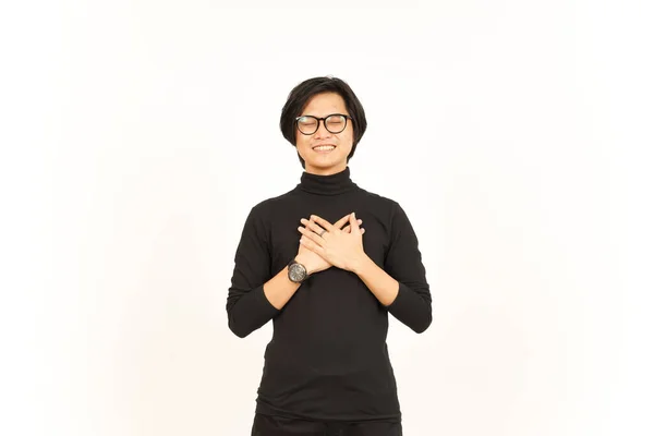 Händerna Bröstet Tacksam Gestalt Vacker Asiatisk Man Isolerad Vit Bakgrund — Stockfoto