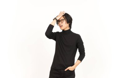 Beyaz arka planda izole edilmiş yakışıklı Asyalı adamın bir jestini unutun.