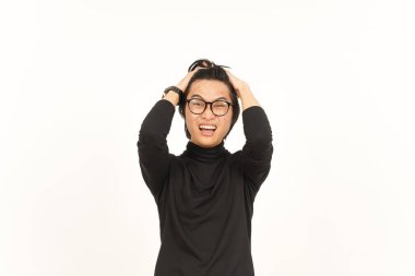 Angry Stressed and Pull Hair Of Handsome Asian Man Isolated On White Background