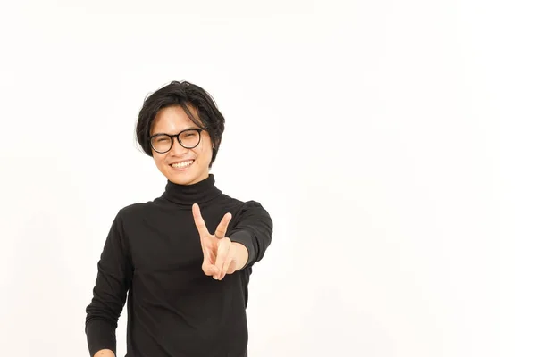 Sonríe Muestra Señal Paz Del Apuesto Hombre Asiático Aislado Sobre —  Fotos de Stock