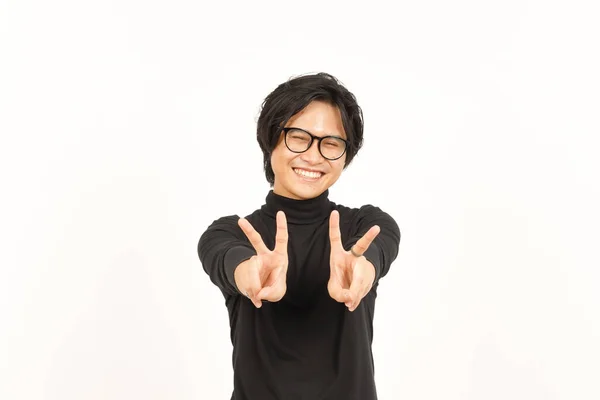 Lächeln Und Friedenszeichen Eines Hübschen Asiatischen Mannes Auf Weißem Hintergrund — Stockfoto