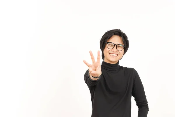 Mostrando Contagem Três Dedos Bonito Asiático Homem Isolado Fundo Branco — Fotografia de Stock