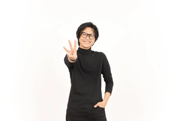 Zobrazeno Počet Tři Prst Pohledný Asijský Člověk Izolovaný Bílém Pozadí — Stock fotografie