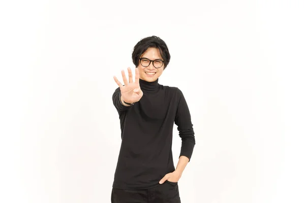 Visar Räkna Fyra Finger Stilig Asiatisk Man Isolerad Vit Bakgrund — Stockfoto