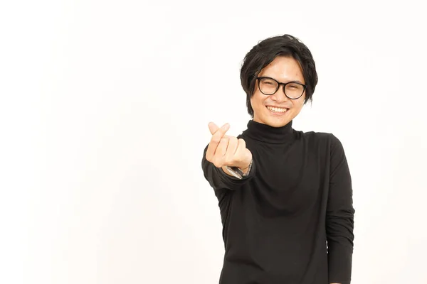 Sonrisa Mostrando Coreano Amor Dedo Guapo Asiático Hombre Aislado Blanco — Foto de Stock