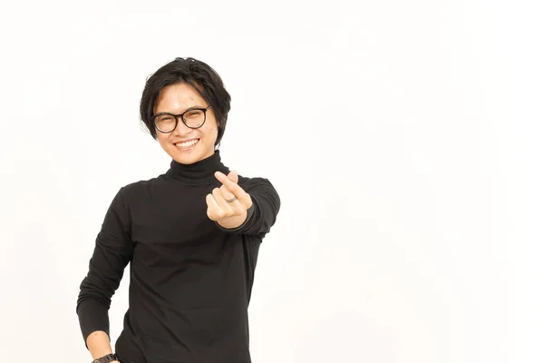 Посмішка Показ Корейської Любові Палець Красивий Азіатський Чоловік Ізольований Білому — стокове фото