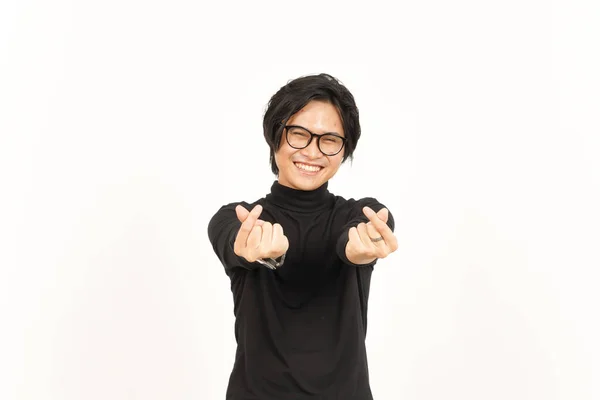 Sonrisa Mostrando Coreano Amor Dedo Guapo Asiático Hombre Aislado Blanco — Foto de Stock