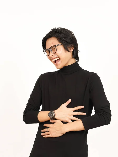 胃の上の手と白い背景に隔離されたハンサムなアジアの男のハード笑い — ストック写真