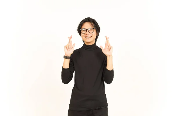 Mostrando Sorte Finger Desejos Boa Sorte Bonito Asiático Homem Isolado — Fotografia de Stock
