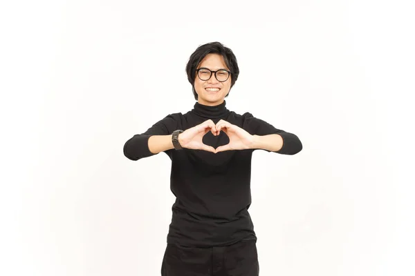 Sorriso Mostrando Sinal Amor Belo Homem Asiático Isolado Fundo Branco — Fotografia de Stock