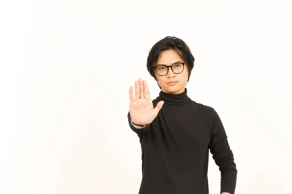 Pare Rejeitar Mão Gestos Bonito Asiático Homem Isolado Fundo Branco — Fotografia de Stock