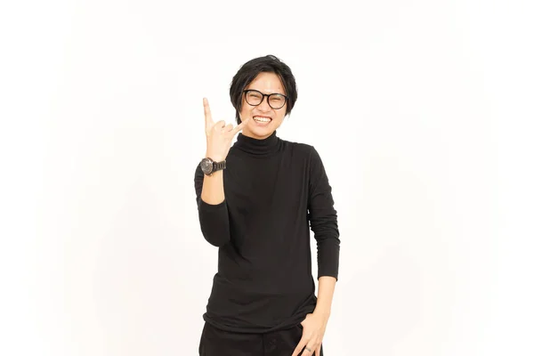 Mostrando Sinal Mão Metal Homem Asiático Bonito Isolado Fundo Branco — Fotografia de Stock