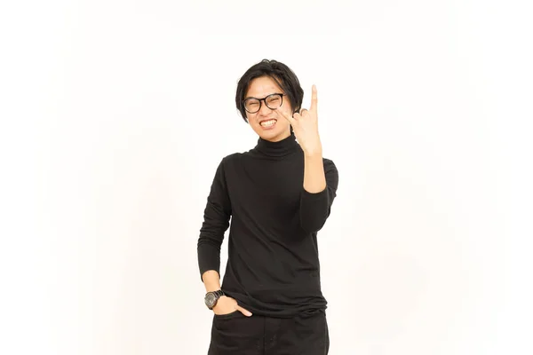 Mostrando Sinal Mão Metal Homem Asiático Bonito Isolado Fundo Branco — Fotografia de Stock