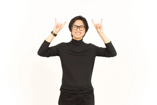 Showing Metal Hand Sign Handsome Asian Man Isolated White Background — Stock Photo, Image