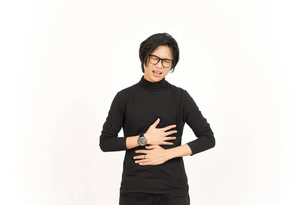白い背景に隔離されたハンサムなアジア人男性の胃のジェスチャーを被る — ストック写真